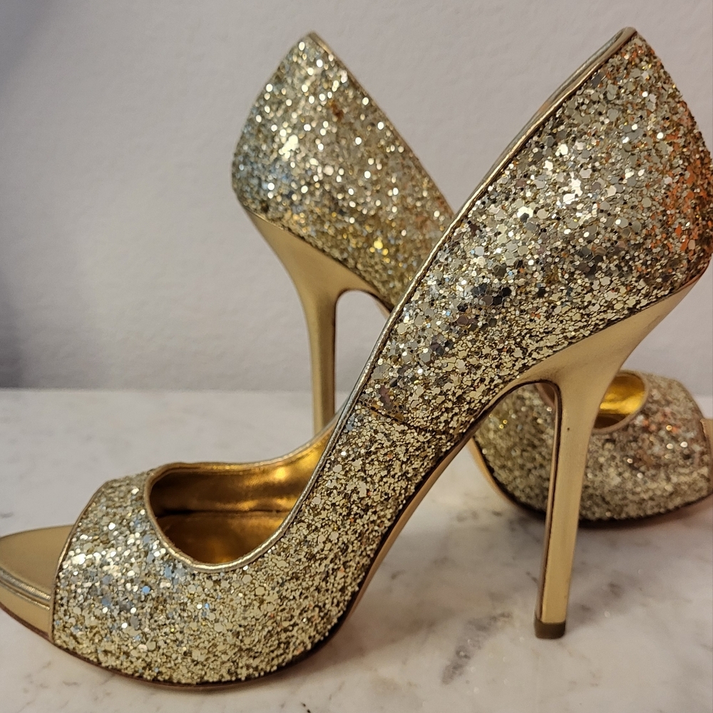 NEW MIU MIU Gold Sparkle Peep Toe Heels IT 38.5